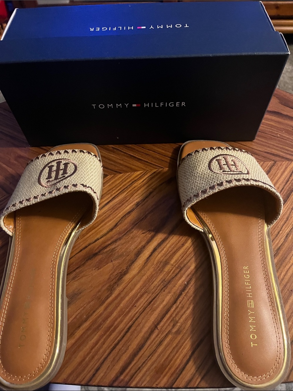 Tommy Hilfiger Tan & Beige Slide Mules with Embroidered Logo